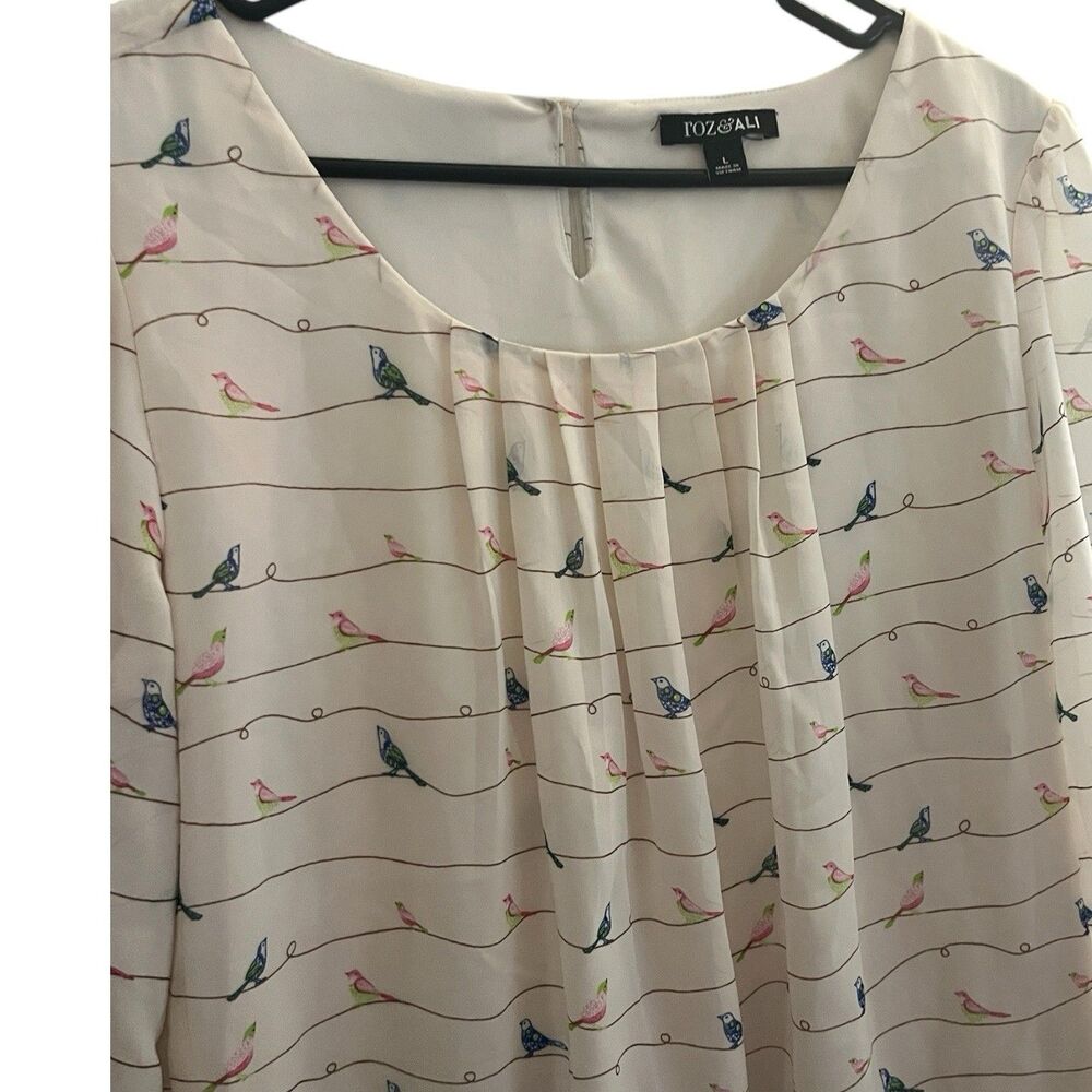 Roz & Ali Bird Print Chiffon Blouse Scoop Neck 3/4 Sleeve Ivory L